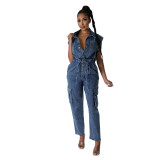 Women Elastic washed denim jumpsuit