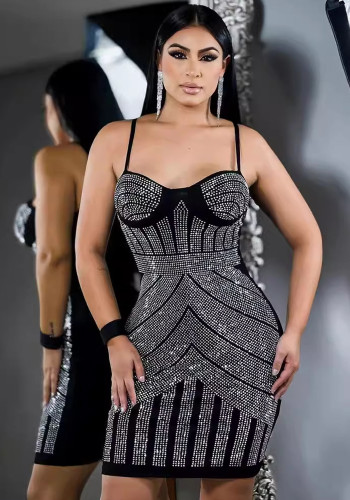 Women sexy beaded suspender elastic bodycon dress