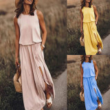Summer Women's Trendy Retro Round Neck Sleeveless Slit Solid Color Casual Dress