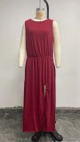 Summer Women's Trendy Retro Round Neck Sleeveless Slit Solid Color Casual Dress