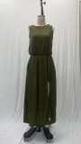Summer Women's Trendy Retro Round Neck Sleeveless Slit Solid Color Casual Dress