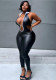 Women summer sexy turndown collar lace halter neck pu-leather jumpsuit