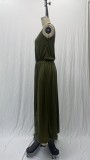 Summer Women's Trendy Retro Round Neck Sleeveless Slit Solid Color Casual Dress