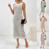 Spring And Summer Slim Women's Striped Knitting Sleeveless Fashion Long Dress