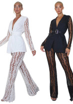 Women mesh lace Floral long-sleeved Top and Bell Bottom long pants two-piece set with belt Women mesh lace Floral long-sleeved Top and Bell Bottom long pants two-piece set with belt