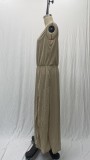 Summer Women's Trendy Retro Round Neck Sleeveless Slit Solid Color Casual Dress