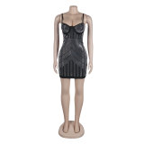 Women sexy beaded suspender elastic bodycon dress