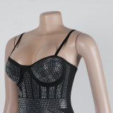 Women sexy beaded suspender elastic bodycon dress