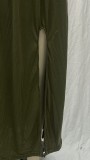 Summer Women's Trendy Retro Round Neck Sleeveless Slit Solid Color Casual Dress