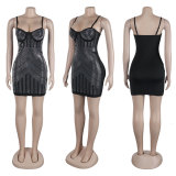 Women sexy beaded suspender elastic bodycon dress