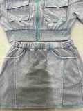 Women casual washed patchwork pocket top and skirt two-piece set