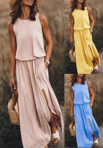 Summer Women's Trendy Retro Round Neck Sleeveless Slit Solid Color Casual Dress