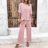 Women Chic Casual Short Sleeve Knitting Top and Pant Two-piece Set