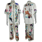 Summer Women Loose Printed Shirt Trousers Two-piece Set