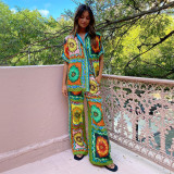 Summer Women Loose Printed Shirt Trousers Two-piece Set