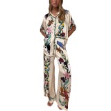 Summer Women Loose Printed Shirt Trousers Two-piece Set