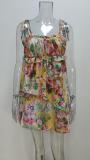 Summer Women chic print tie ruffle dress