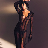 Spring Women Sexy See-Through tie v-neck slit dress