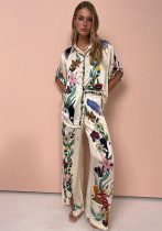 Summer Women Loose Printed Shirt Trousers Two-piece Set Summer Women Loose Printed Shirt Trousers Two-piece Set