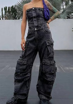 High street strapless pocket Cargo denim overalls jumpsuit