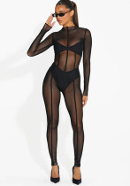 Women Long Sleeve Mesh Sexy See-Through Jumpsuit