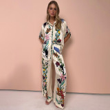 Summer Women Loose Printed Shirt Trousers Two-piece Set