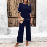Women Chic Casual Short Sleeve Knitting Top and Pant Two-piece Set