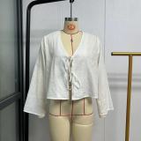 Women's Deep V Bell Bottom Sleeve Lace-Up Tops