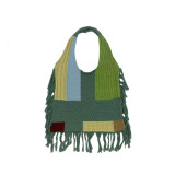 Fringed Women Patchwork Knitting Handbag Single Shoulder Bag Retro Knitting Bag