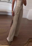 Summer Sexy Hollow Lace-Up Top Wide-Leg Pants Casual Two Piece Set