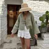Women's Deep V Bell Bottom Sleeve Lace-Up Tops