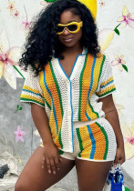 Women's Sexy Hollow See-Through Turndown Collar Knitting Two Piece Shorts Set