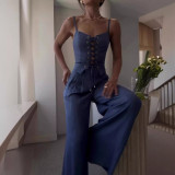 Summer Sexy Hollow Lace-Up Top Wide-Leg Pants Casual Two Piece Set