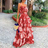 Women's Fashion Holidays Style Floral Printed Strap Top Ruffle Skirt Two-Piece Set