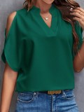 Women's Summer Solid Color V-Neck Cutout Short Sleeves Chic Fashion Women's Top