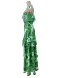 Women's Fashion Holidays Style Floral Printed Strap Top Ruffle Skirt Two-Piece Set