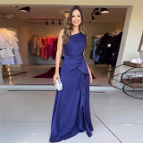 Summer Solid Color Fashion Slash Shoulder Slim Waist Chic Elegant Dress