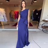 Summer Solid Color Fashion Slash Shoulder Slim Waist Chic Elegant Dress