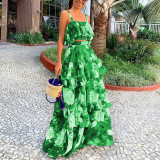 Women's Fashion Holidays Style Floral Printed Strap Top Ruffle Skirt Two-Piece Set