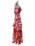 Women's Fashion Holidays Style Floral Printed Strap Top Ruffle Skirt Two-Piece Set