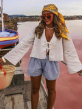 Women's Deep V Bell Bottom Sleeve Lace-Up Tops
