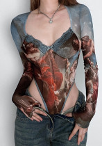 Spring Summer Butterfly Print Mesh High Waist Long Sleeve Slim Bodysuit High Street Top Spring Summer Butterfly Print Mesh High Waist Long Sleeve Slim Bodysuit High Street Top