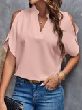 Women's Summer Solid Color V-Neck Cutout Short Sleeves Chic Fashion Women's Top