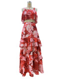 Women's Fashion Holidays Style Floral Printed Strap Top Ruffle Skirt Two-Piece Set