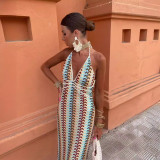 Women Contrast Lace V-Neck Strap Backless Beach Maxi Dress