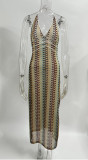 Women Contrast Lace V-Neck Strap Backless Beach Maxi Dress