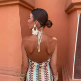 Women Contrast Lace V-Neck Strap Backless Beach Maxi Dress