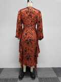 Sexy Printed Ruffled Balloon Sleeve Slim Long Sleeve Bodycon Dress
