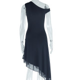 Women Solid Slash Shoulder One Shoulder Sleeveless Irregular Dress