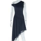 Women Solid Slash Shoulder One Shoulder Sleeveless Irregular Dress